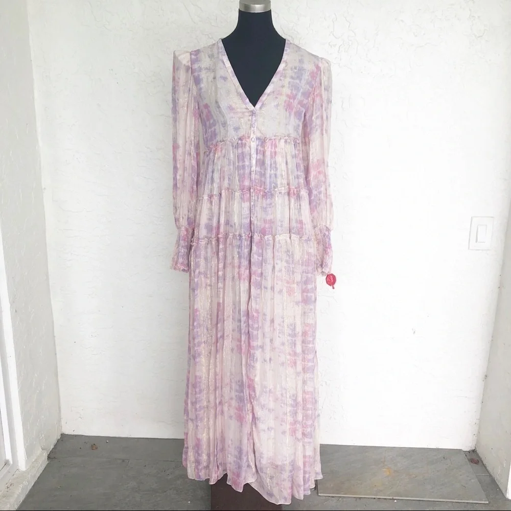 Rococo Sand Etre Metallic Maxi Dress Pink Resort Long Sleeve Womens Size Small